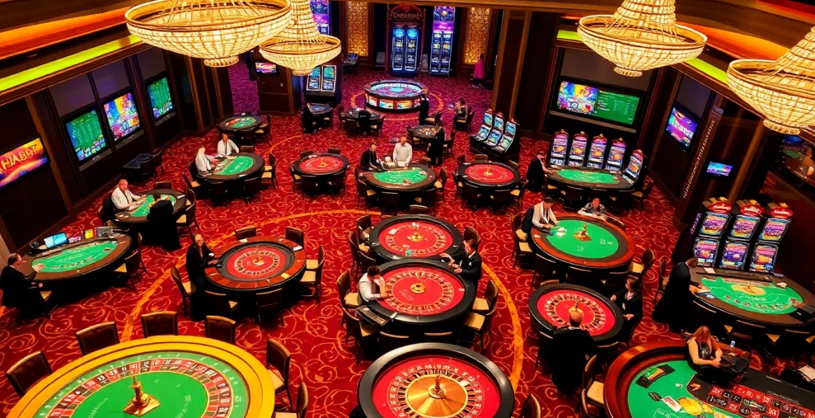 A dynamic gaming scene at https://thabet.vegas/ showcasing luxury casino tables, vibrant slot machines, and engaged players.