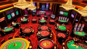 A dynamic gaming scene at https://thabet.vegas/ showcasing luxury casino tables, vibrant slot machines, and engaged players.