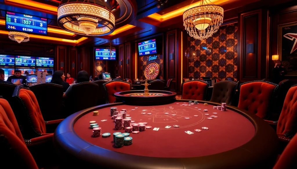 Hit Club players strategizing at an upscale poker table in a vibrant casino atmosphere.