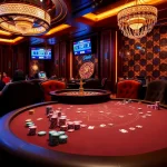 Hit Club players strategizing at an upscale poker table in a vibrant casino atmosphere.
