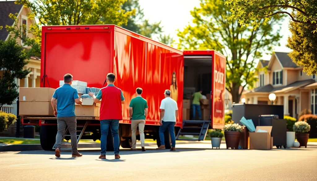 Interstate movers efficiently loading a red truck in a suburban setting, highlighting moving services.