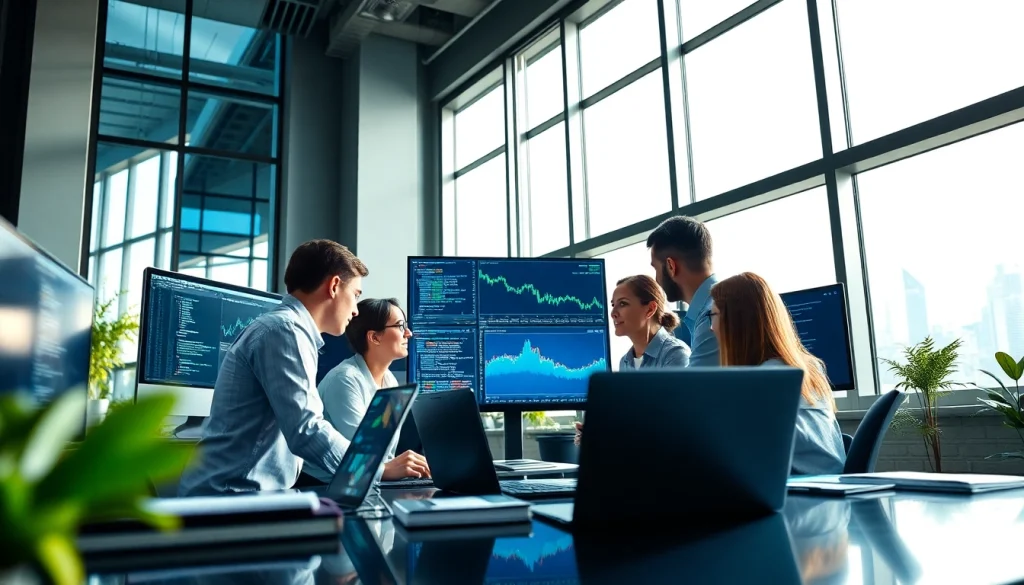 Software engineering professionals collaborating in a modern workspace with digital interfaces and coding visuals.