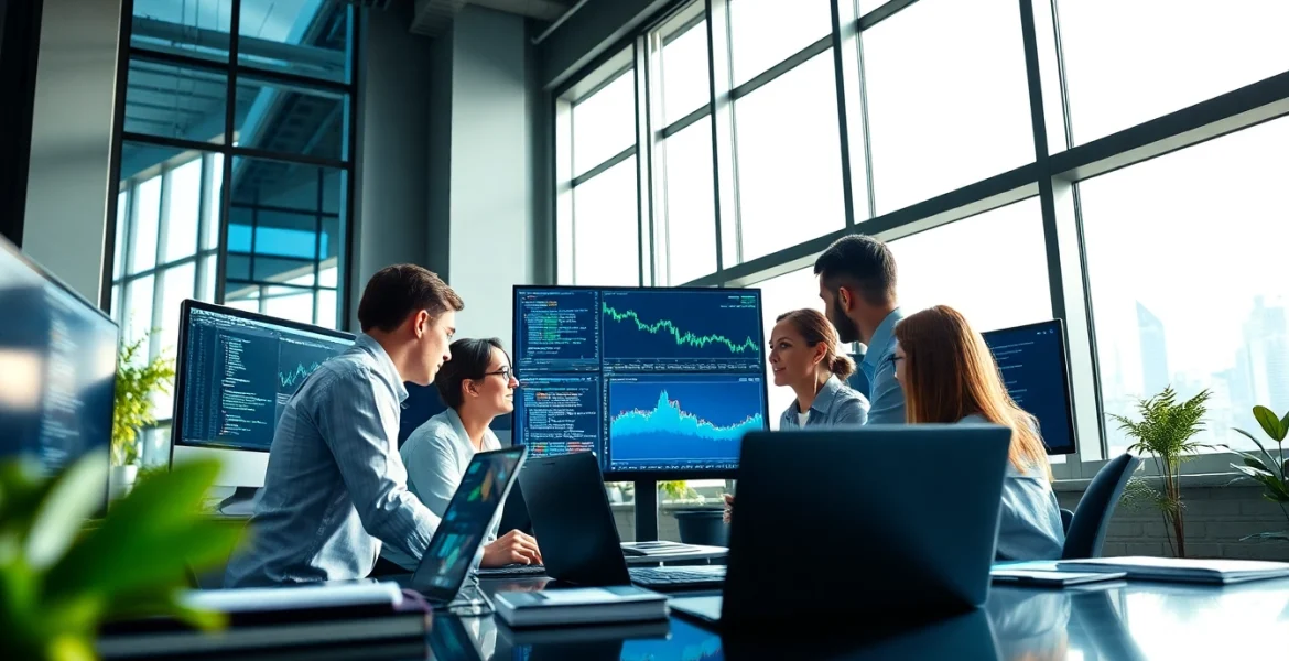 Software engineering professionals collaborating in a modern workspace with digital interfaces and coding visuals.