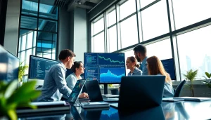 Software engineering professionals collaborating in a modern workspace with digital interfaces and coding visuals.