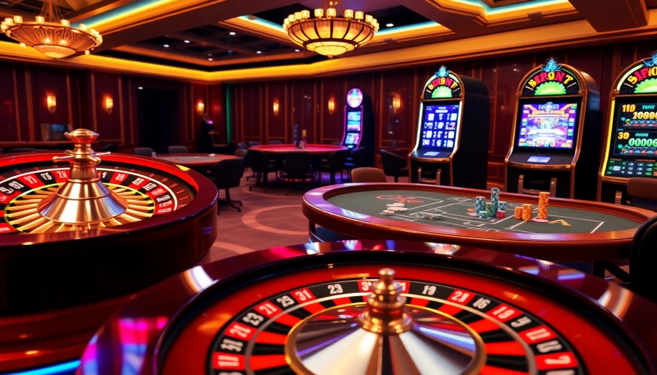 Engage with thrilling games on https://8kkbet.com/ featuring a vibrant casino setting with roulette and poker tables.
