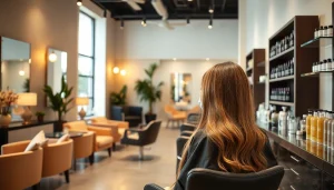 Stylish interior of Omnia Salon showcasing a stylist applying highlights, emphasizing quality and relaxation.