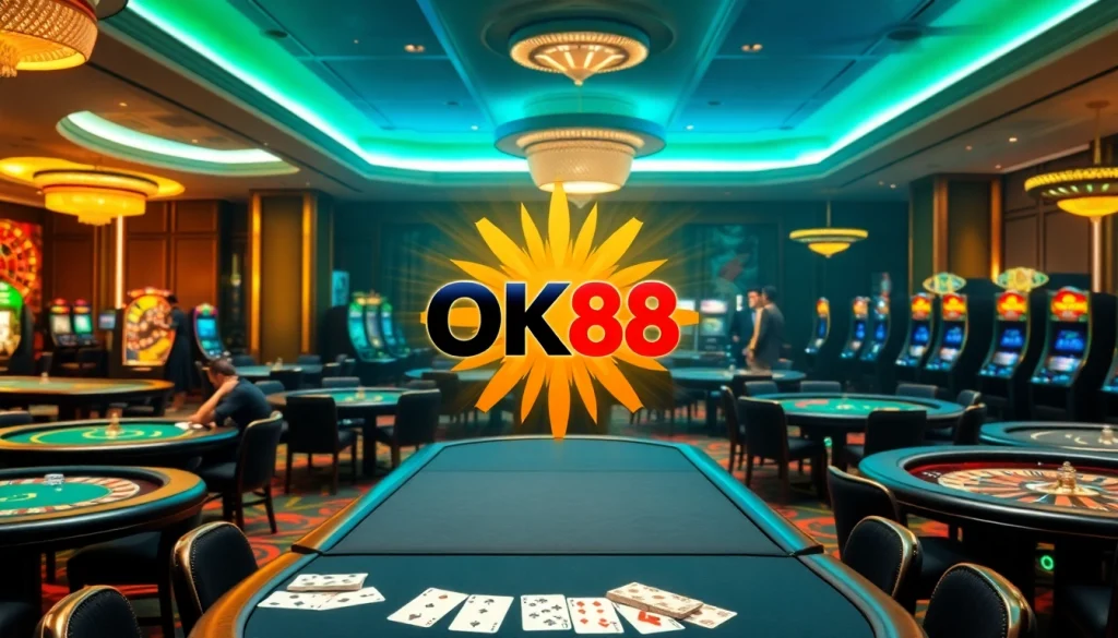 Experience the thrill of gaming at OK88 with vibrant casino tables and spinning roulette wheels.