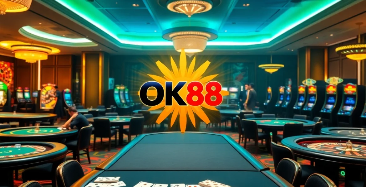 Experience the thrill of gaming at OK88 with vibrant casino tables and spinning roulette wheels.
