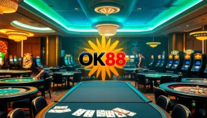 Experience the thrill of gaming at OK88 with vibrant casino tables and spinning roulette wheels.