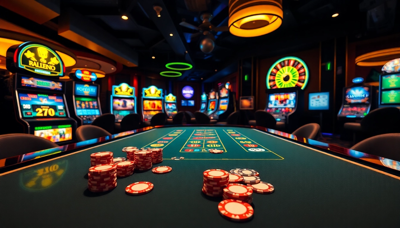 Gambling excitement at crypto online casinos with vibrant slots, poker chips, and a roulette wheel.