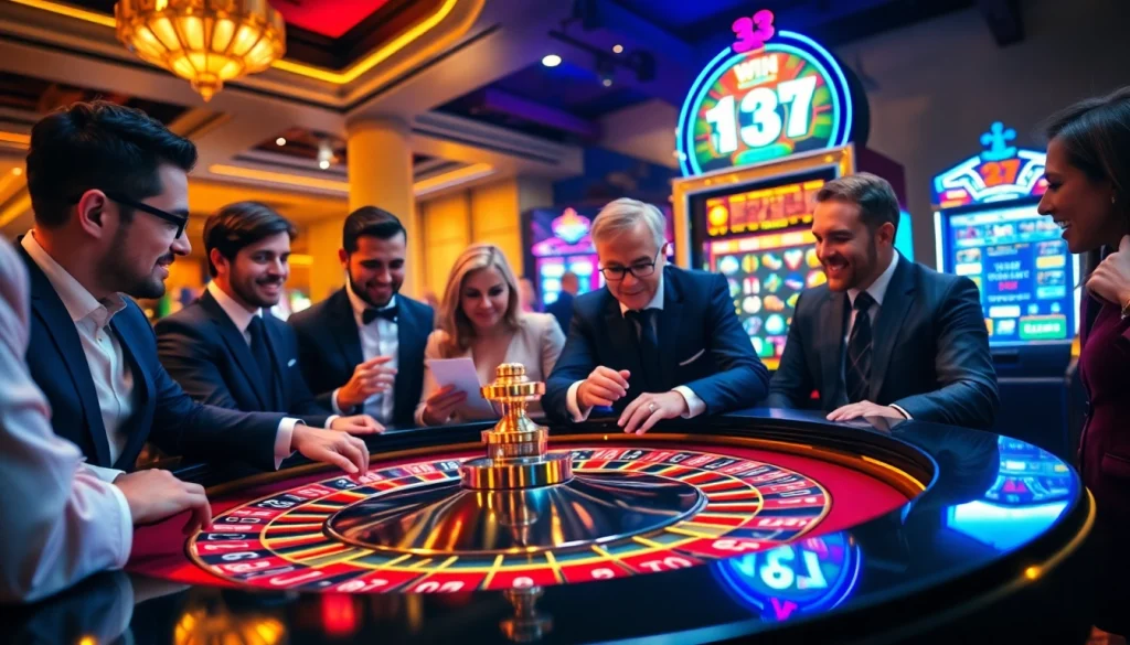 33WIN players engaging in an exciting casino experience with roulette and slot machines.