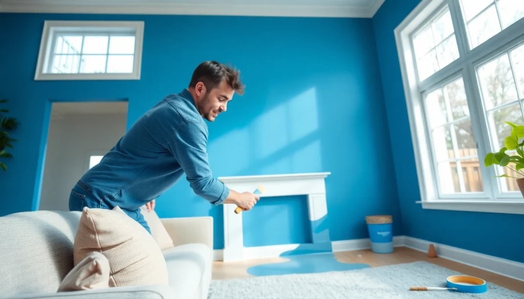 Painting Services: Professional painter enhancing a living room's aesthetic with vibrant color.