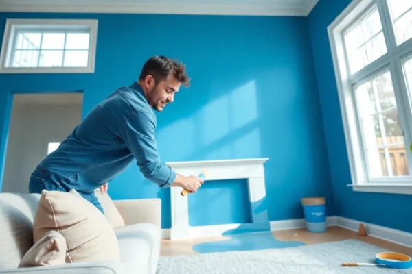 Painting Services: Professional painter enhancing a living room's aesthetic with vibrant color.