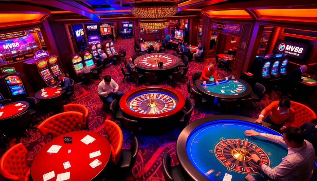 Players enjoy an exciting game at MV88 casino, featuring poker tables and a glowing slot machine area.