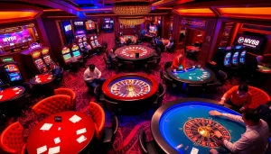Players enjoy an exciting game at MV88 casino, featuring poker tables and a glowing slot machine area.