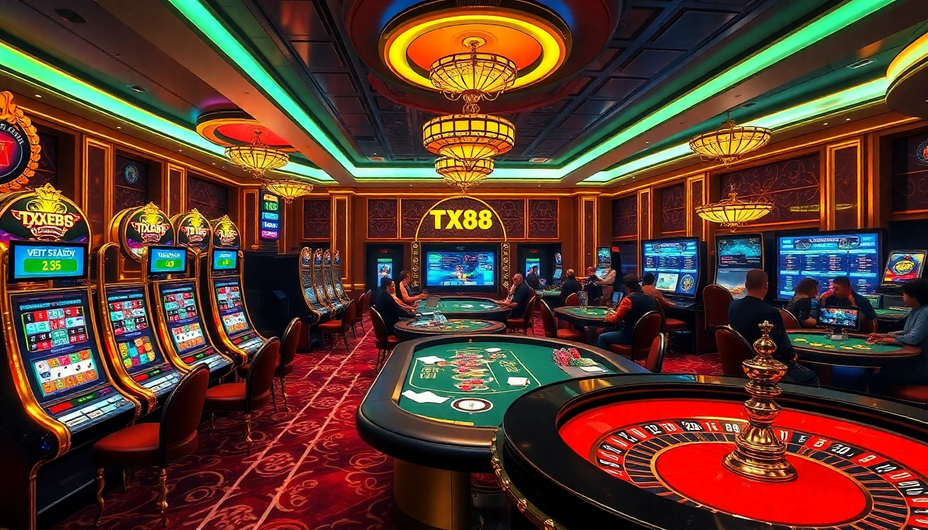 Experience exciting gambling at TX88 with vibrant tables, slot machines, and poker chips.