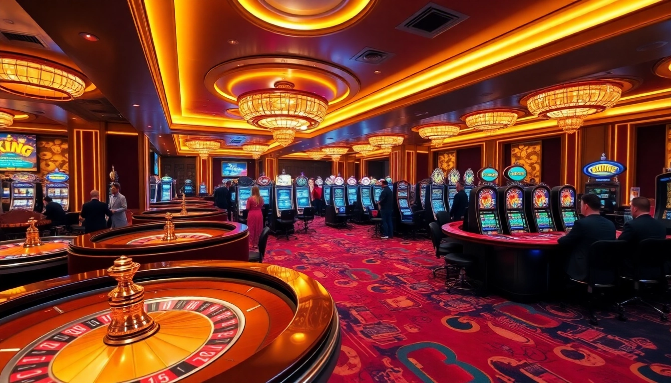 Exciting gaming experience at OK KING casino with players enjoying vibrant slot machines and roulette tables.