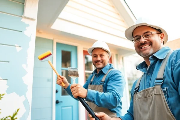 House Painters expertly transforming a suburban home with vibrant paint.