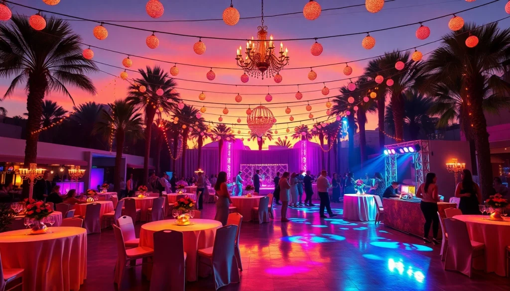 Las Vegas Party Rentals showcase elegant tables and vibrant lights at a lively outdoor event.