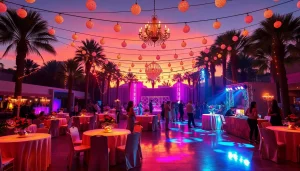 Las Vegas Party Rentals showcase elegant tables and vibrant lights at a lively outdoor event.