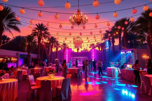 Las Vegas Party Rentals showcase elegant tables and vibrant lights at a lively outdoor event.