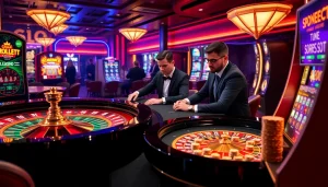 SODO66 players engaging in high-stakes poker and digital slot machines in a luxurious casino.