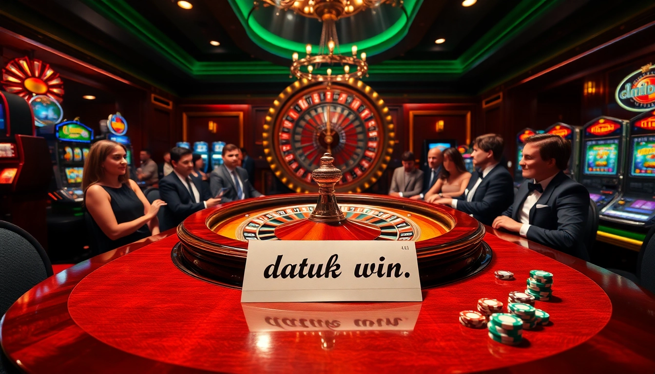 Adegan kasino yang dinamis menggambarkan 'Datuk Win', menyoroti para pemain di meja roulette merayakan kemenangan besar.
