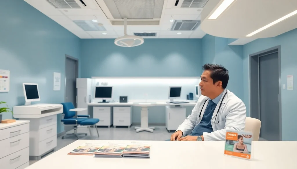 名古屋の包茎手術専門クリニックの内装、医師が患者を診察している様子。