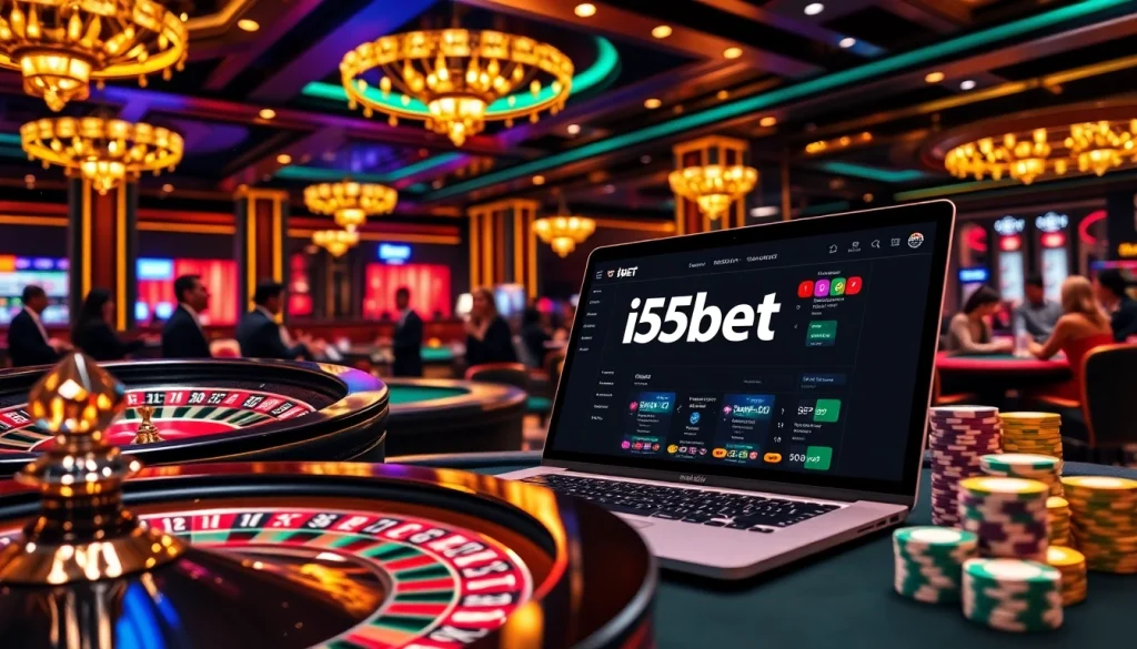 i5bet casino scene featuring roulette and poker tables with vibrant colors and excitement.