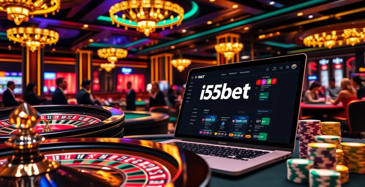 i5bet casino scene featuring roulette and poker tables with vibrant colors and excitement.