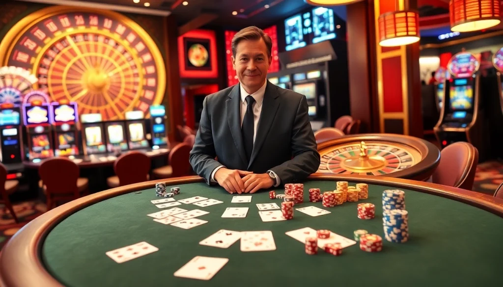 Experience professional gaming with CEO 888new overseeing a vibrant casino environment, playing cards and chips.