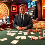 Experience professional gaming with CEO 888new overseeing a vibrant casino environment, playing cards and chips.