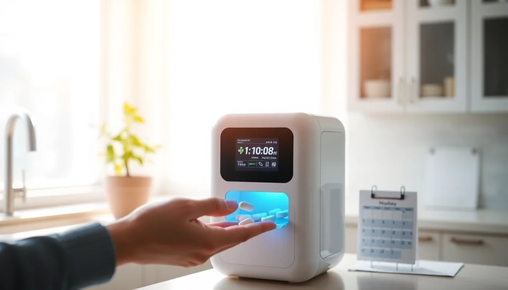 Automatic pill dispenser showcasing sleek design while dispensing medication, symbolizing health management.