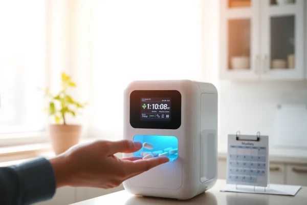 Automatic pill dispenser showcasing sleek design while dispensing medication, symbolizing health management.