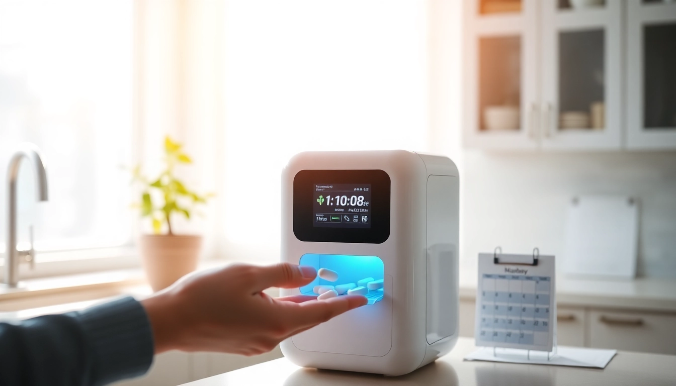 Automatic pill dispenser showcasing sleek design while dispensing medication, symbolizing health management.