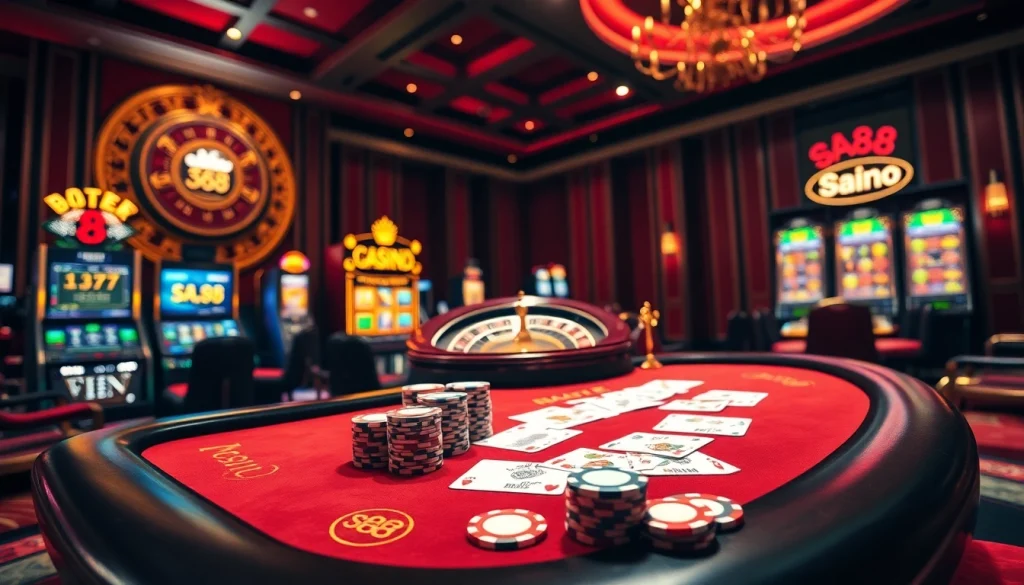 Experience thrilling game play at sa88, featuring vibrant casino tables, cards, and slot machines.