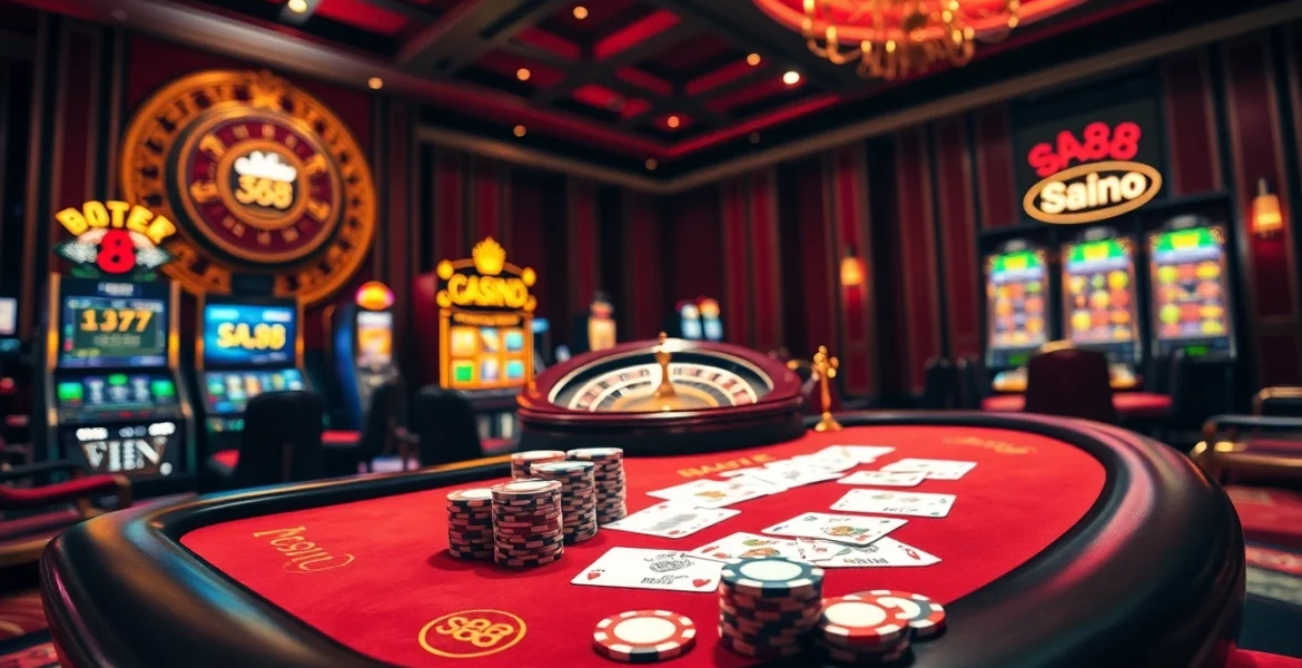 Experience thrilling game play at sa88, featuring vibrant casino tables, cards, and slot machines.