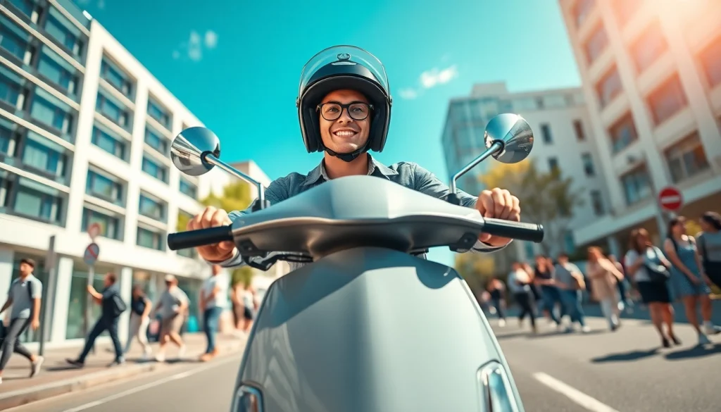 Scooter rijbewijs kopen - Urban scene featuring a young adult confidently riding a scooter, showcasing safety and freedom.
