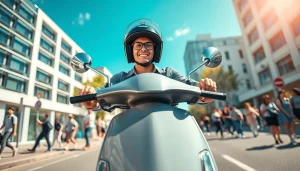 Scooter rijbewijs kopen - Urban scene featuring a young adult confidently riding a scooter, showcasing safety and freedom.