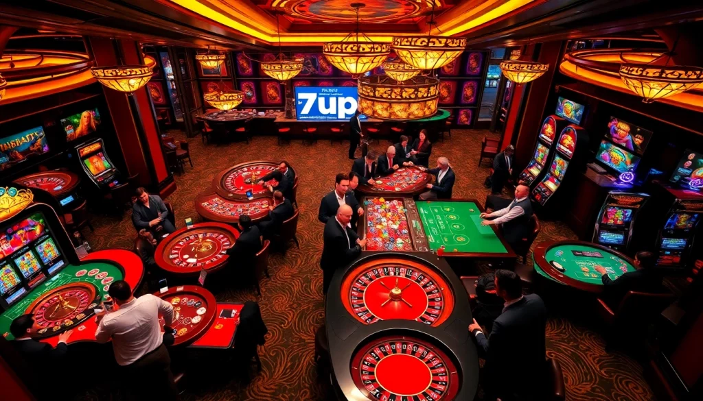 Players enjoying thrilling games at 7upbet casino with vibrant tables and bright lights.