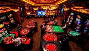 Players enjoying thrilling games at 7upbet casino with vibrant tables and bright lights.