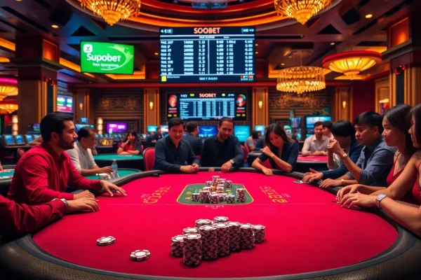 Players enjoying a high-stakes poker game with sbobet odds displayed.