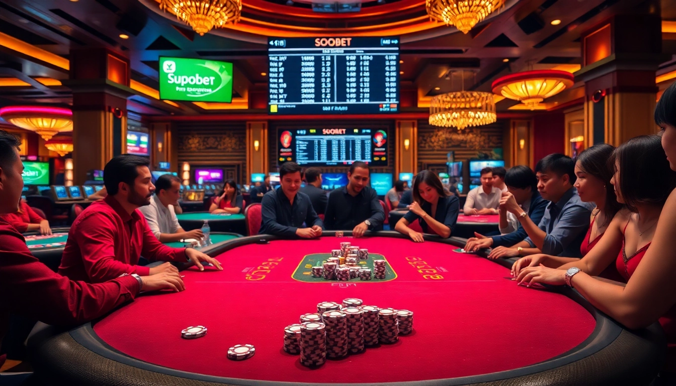 Players enjoying a high-stakes poker game with sbobet odds displayed.