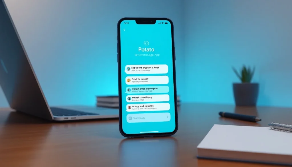 Potato app interface on a smartphone in a modern workspace, showcasing secure messaging features.