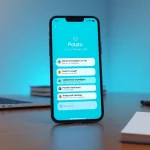 Potato app interface on a smartphone in a modern workspace, showcasing secure messaging features.