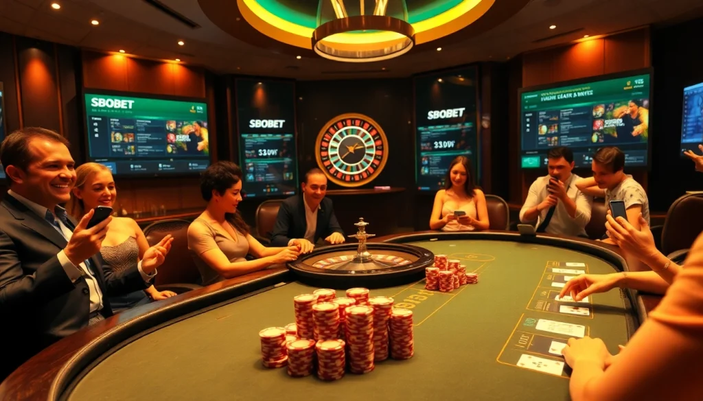 SBOBET players engaged in a thrilling poker game amidst a vibrant casino atmosphere.