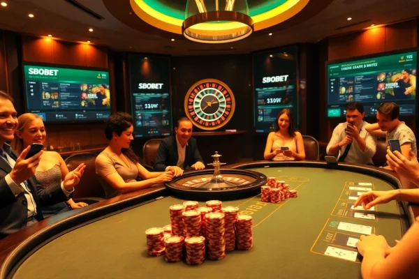 SBOBET players engaged in a thrilling poker game amidst a vibrant casino atmosphere.