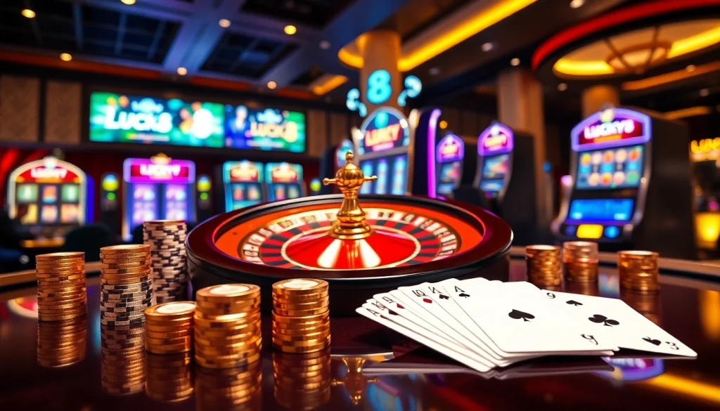 Trải nghiệm sự phấn khích cùng LUCK8 và LUCKY8 tại một casino sang trọng với roulette và poker.