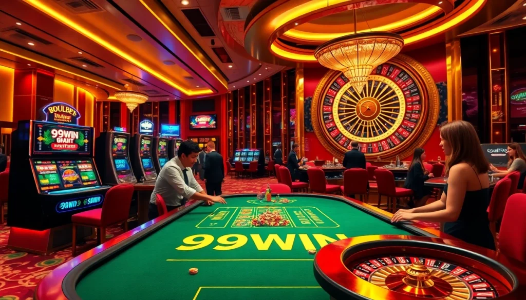 Exciting scene at 99WIN casino with players winning at the gaming table and vibrant slot machines.