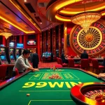 Exciting scene at 99WIN casino with players winning at the gaming table and vibrant slot machines.